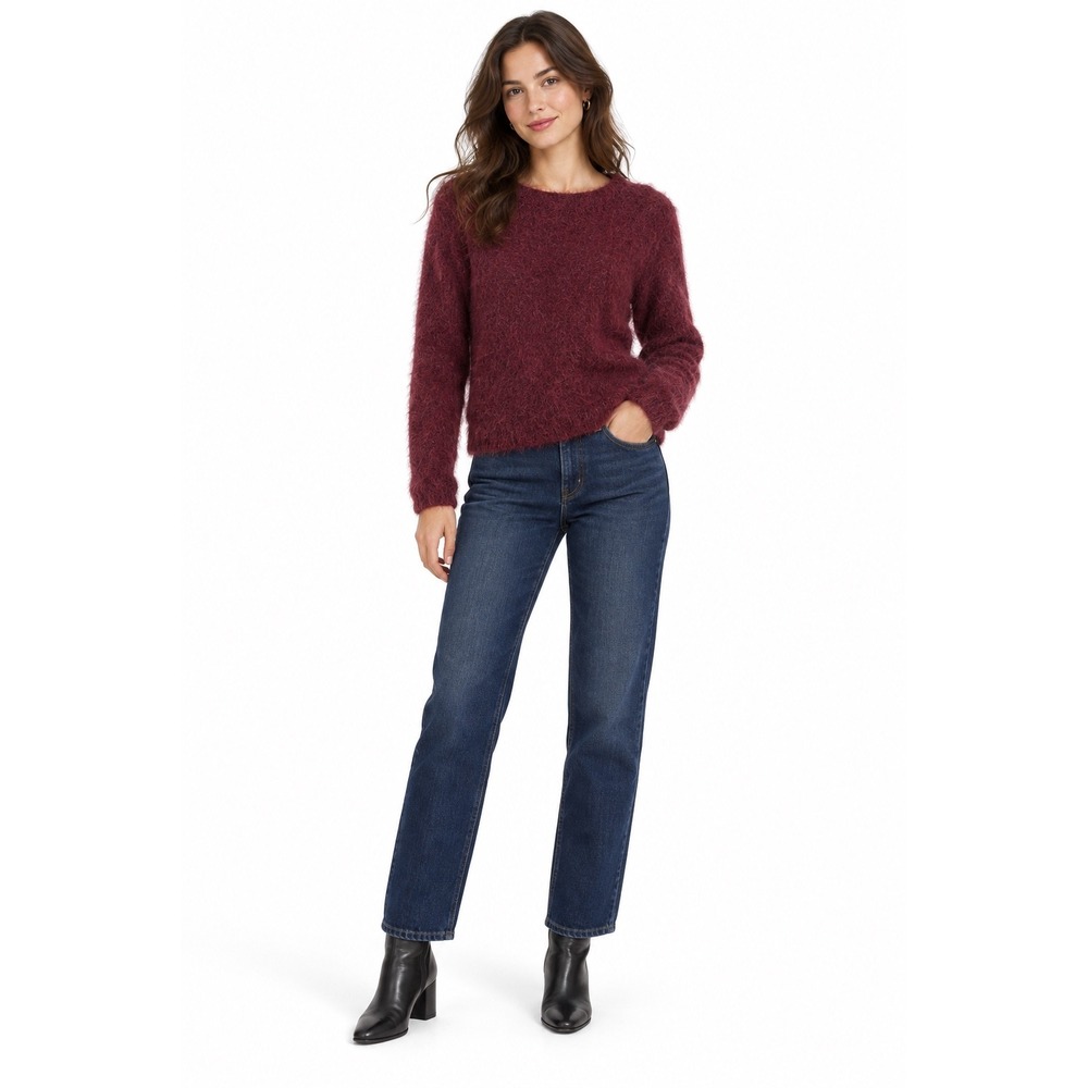 Open Edit Sweater Women XS Burgundy Fuzzy Eyelash Knit Mock Neck Cozy Pullover
